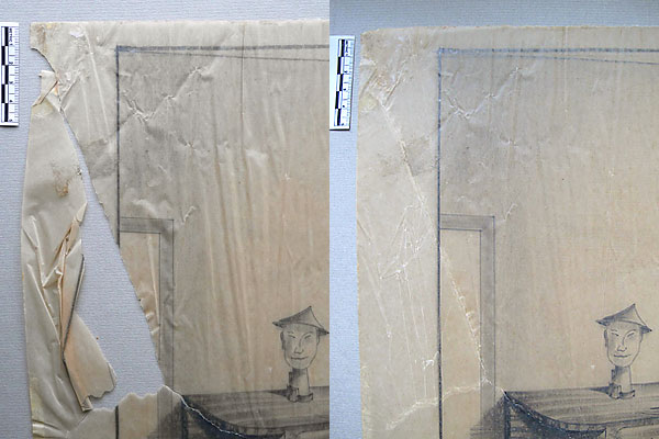 Konservierung und Restaurierung – Zeichnung auf Transparentpapier, vorher-nachher